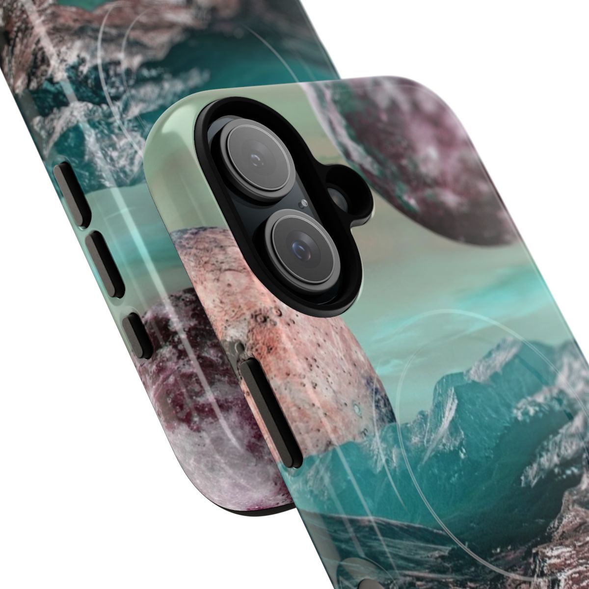 Magnetic tough phone case featuring a vibrant digital collage design with mountains, planets, and the moon. - Detail