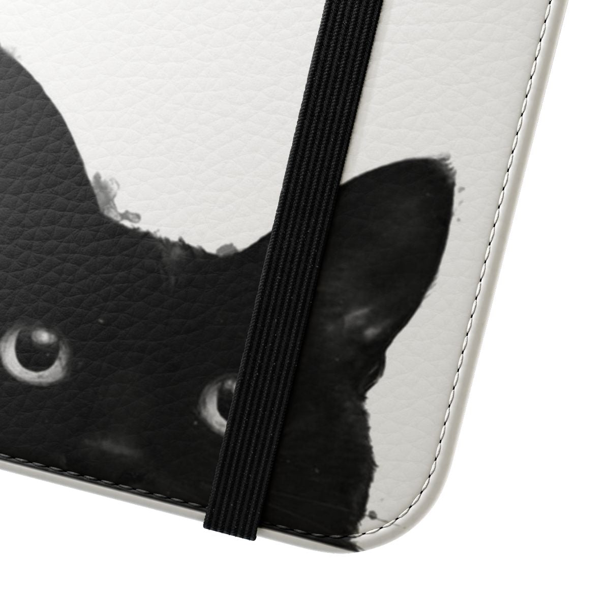 Flip cover phone case with a minimalist black and white cat design - Close Up