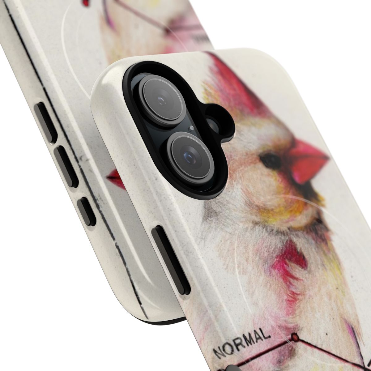 A red cardinal bird perched on a snowy branch, featured on a protective magnetic phone case. - Detail