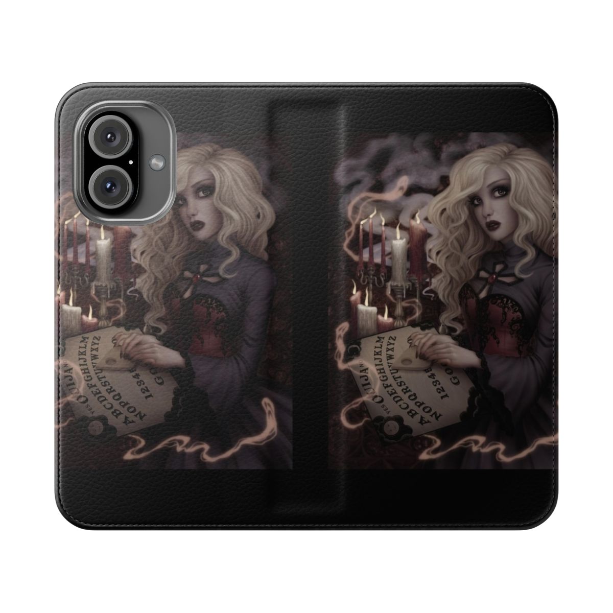 Spooky gothic supernatural themed flip cover phone case with occult and paranormal design elements