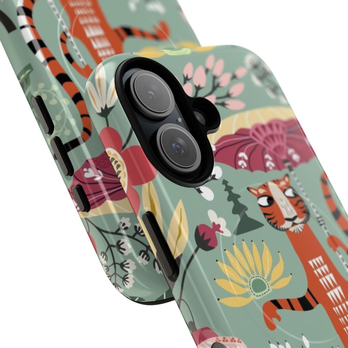 Colorful phone case featuring a tiger in a tropical garden setting - Detail