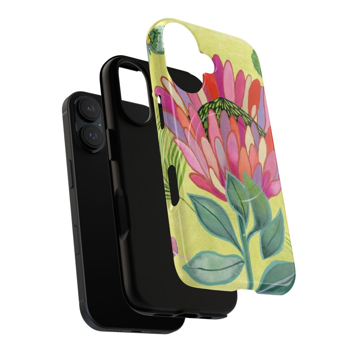 Closeup of a vibrant protea flower surrounded by tropical leaves and butterflies on a phone case - Layers