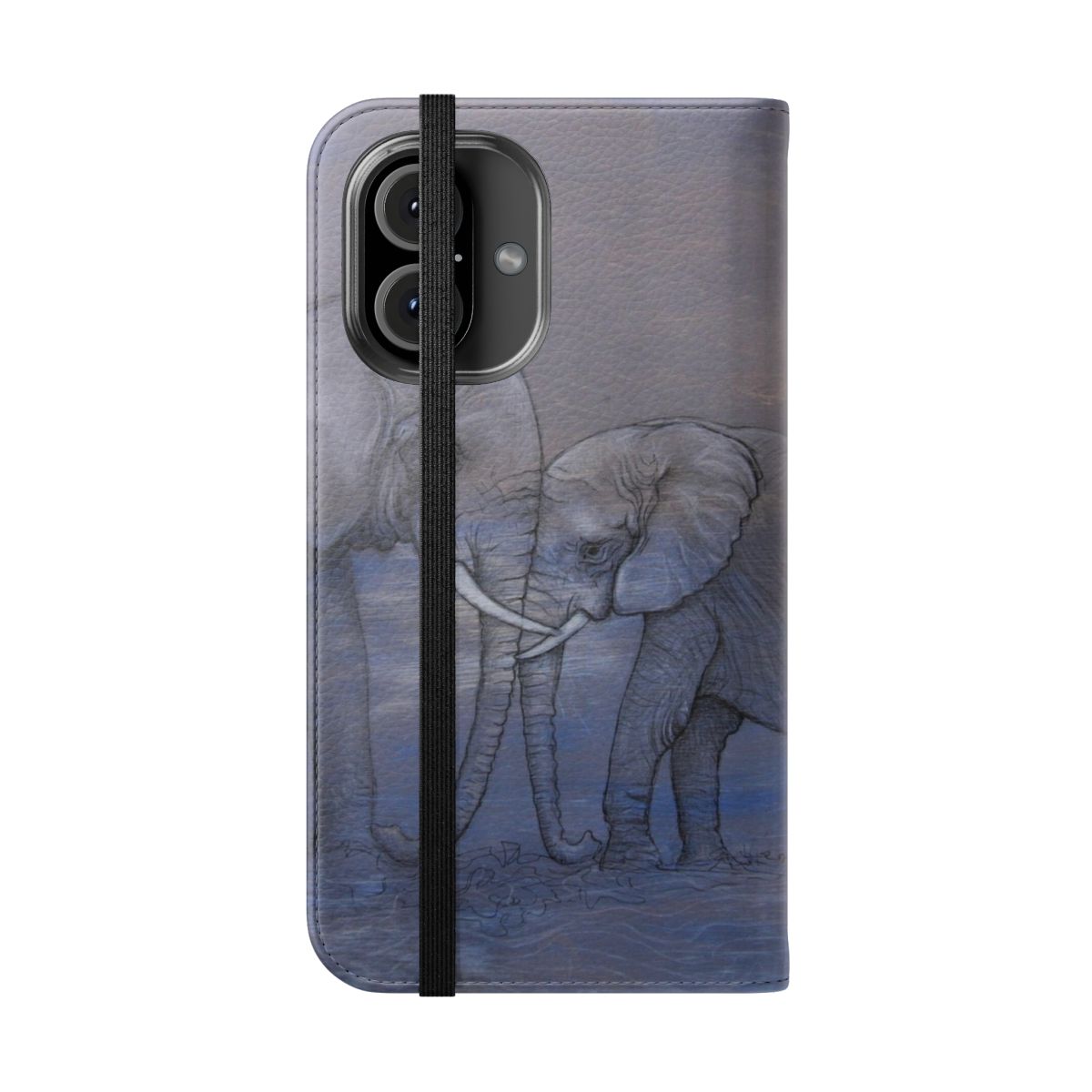 A close-up photo of a purple elephant phone case with a cute kissing design. - Folded Front