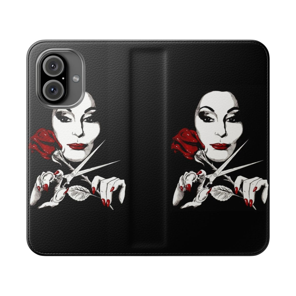 Addams Family inspired flip cover phone case with gothic, dark, and macabre design elements.