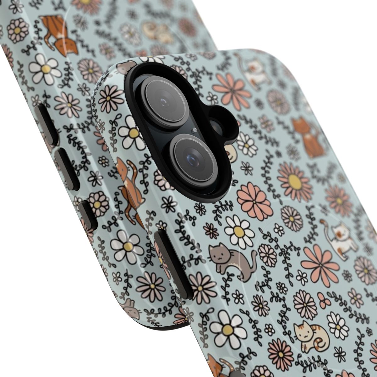 Magnetic phone case with a colorful floral and cute cat design - Detail