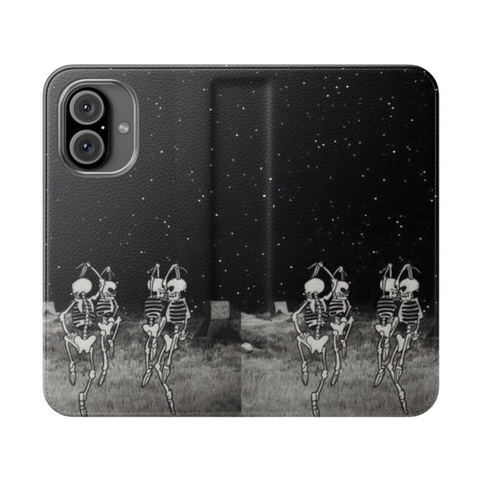 Flip cover phone case featuring a whimsical design of dancing skeletons, perfect for Halloween.