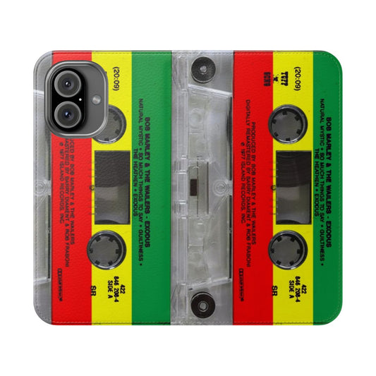 Rasta-inspired flip phone case with a vintage cassette tape design