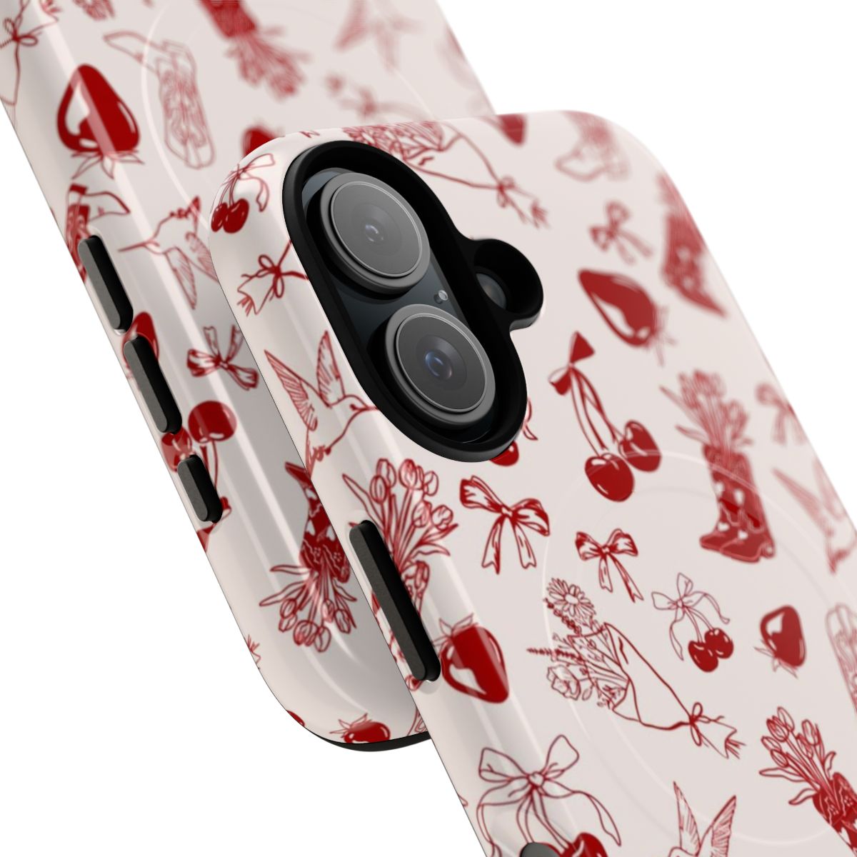 Vibrant cherry cowgirl-inspired design on a durable, magnetic phone case - Detail