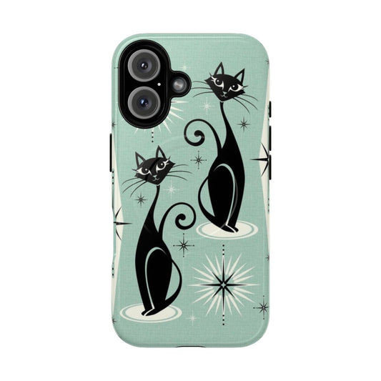 Retro atomic cat design with vintage starbursts and diamonds on a mint green background