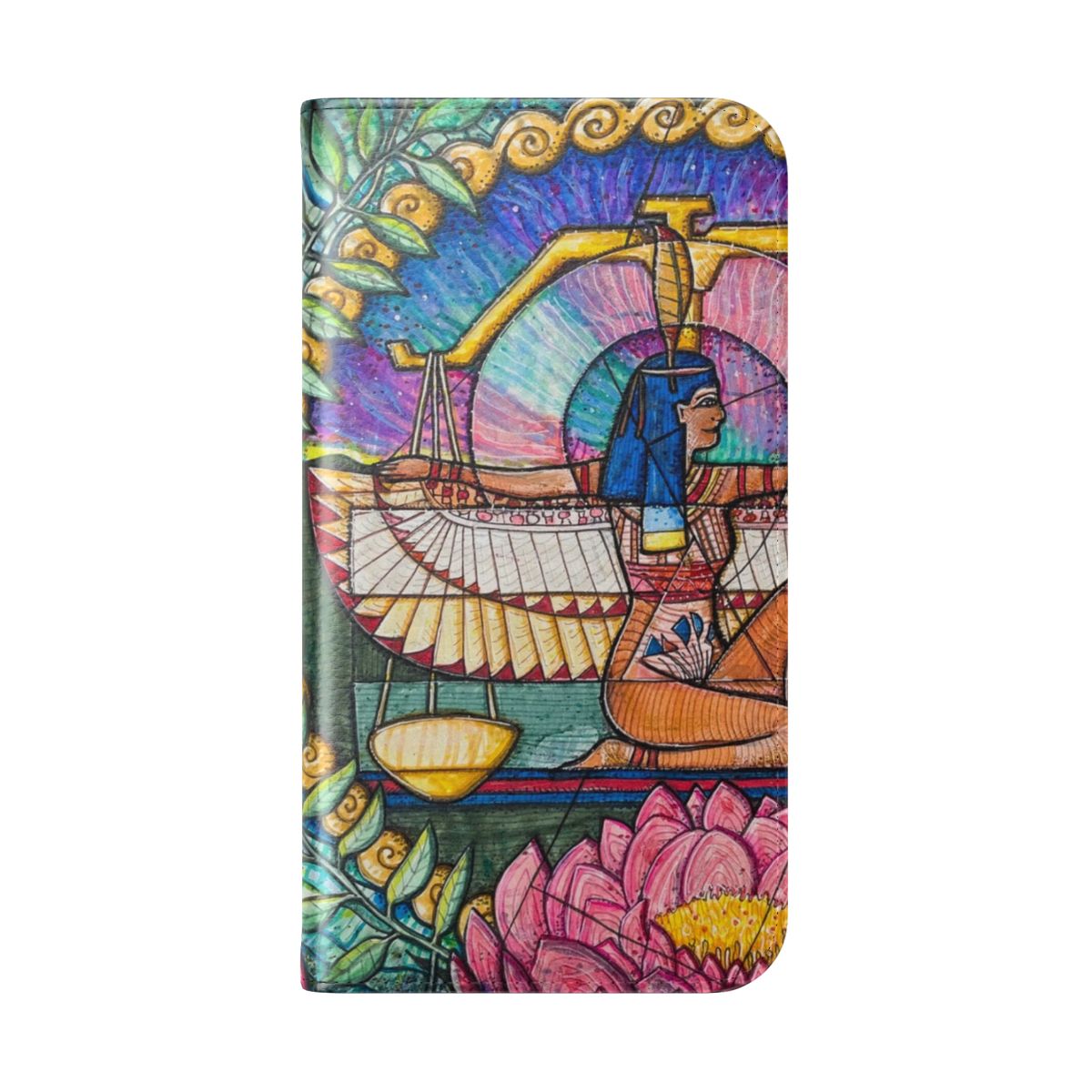 Image of a flip phone case with a Libra-inspired design featuring a scale, peony flower, and ancient Egyptian elements. - Folded Back