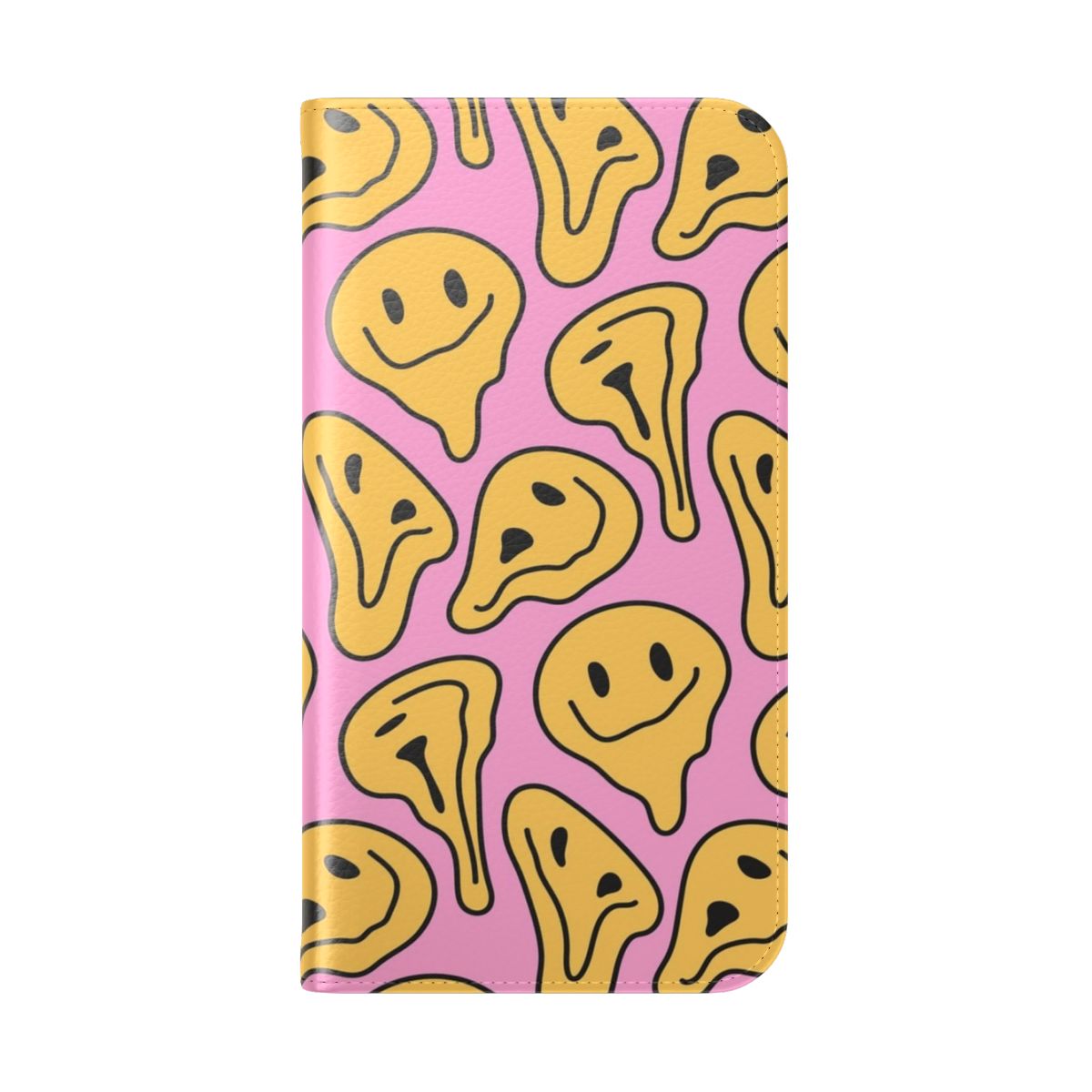 A colorful and quirky phone case featuring a melting smiley face design - Folded Back