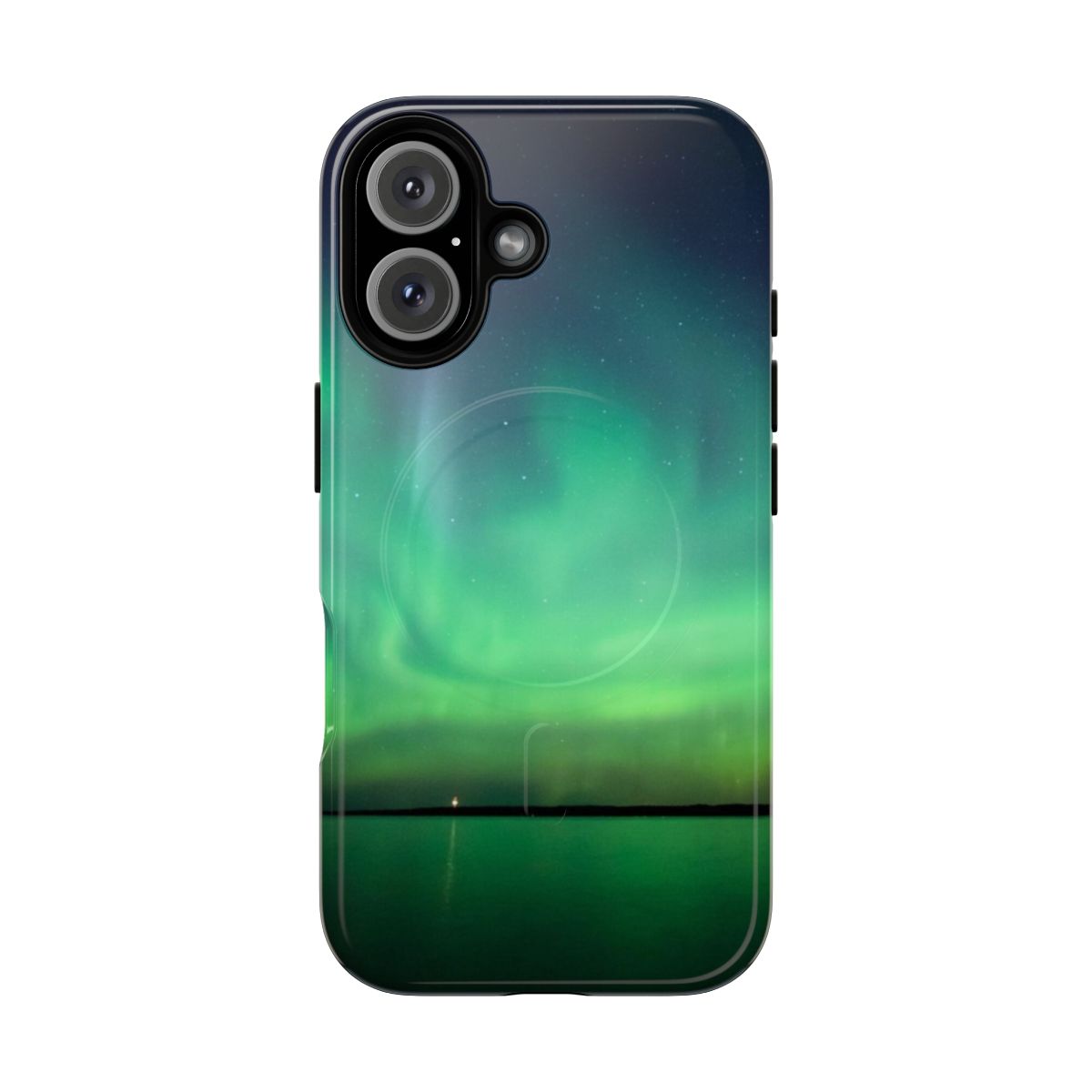 Stunning image of the northern lights reflecting in a serene Finnish lake on a durable phone case.