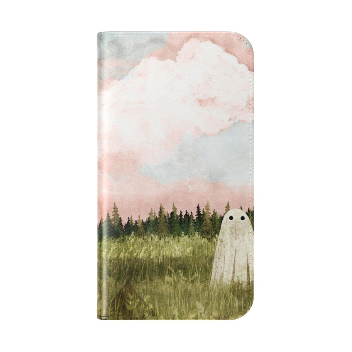 Whimsical cotton candy-colored sky with fluffy clouds and ghostly silhouettes, featured on a phone case. - Folded Back