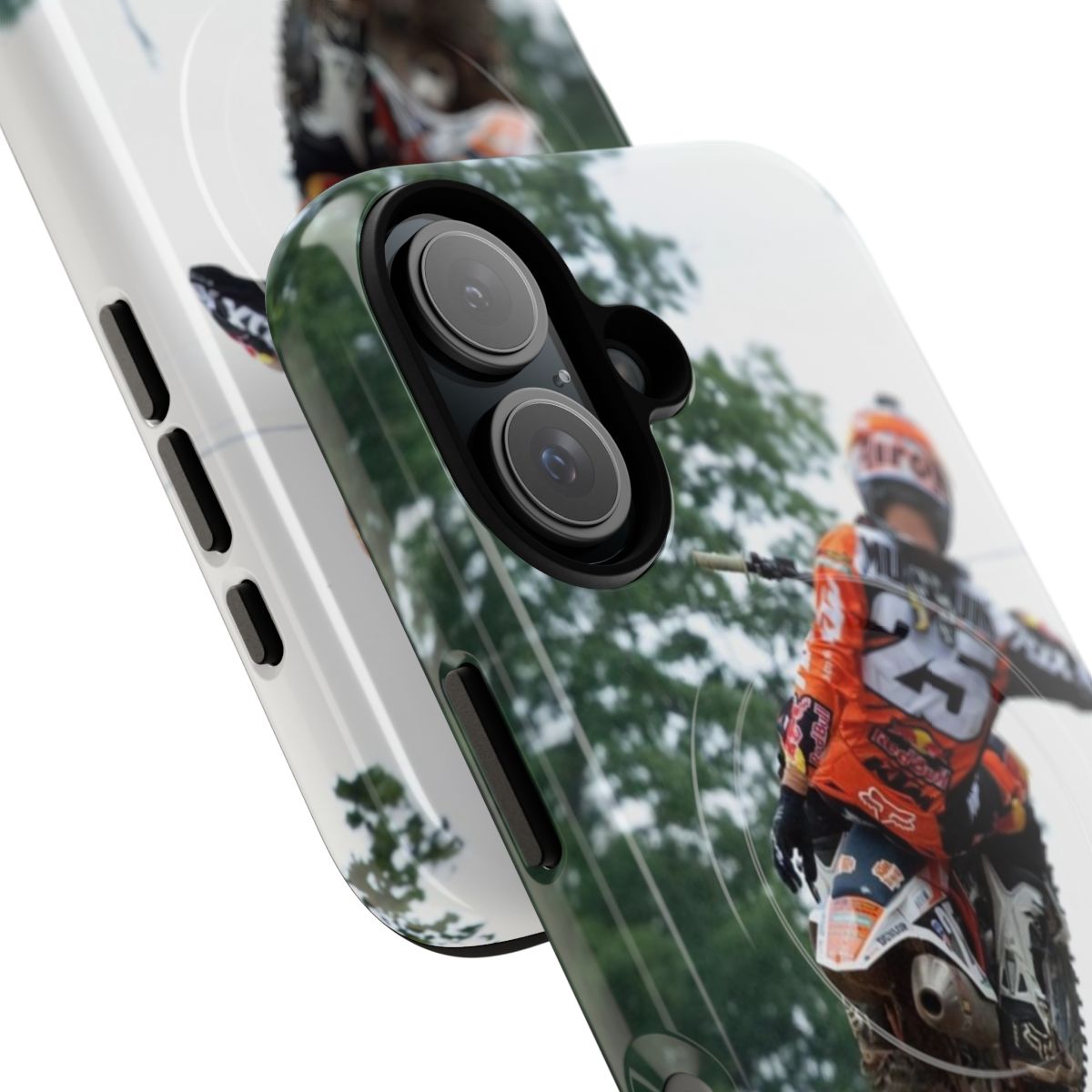 Durable phone case with a motocross-inspired design featuring Marvin Musquin and KTM - Detail