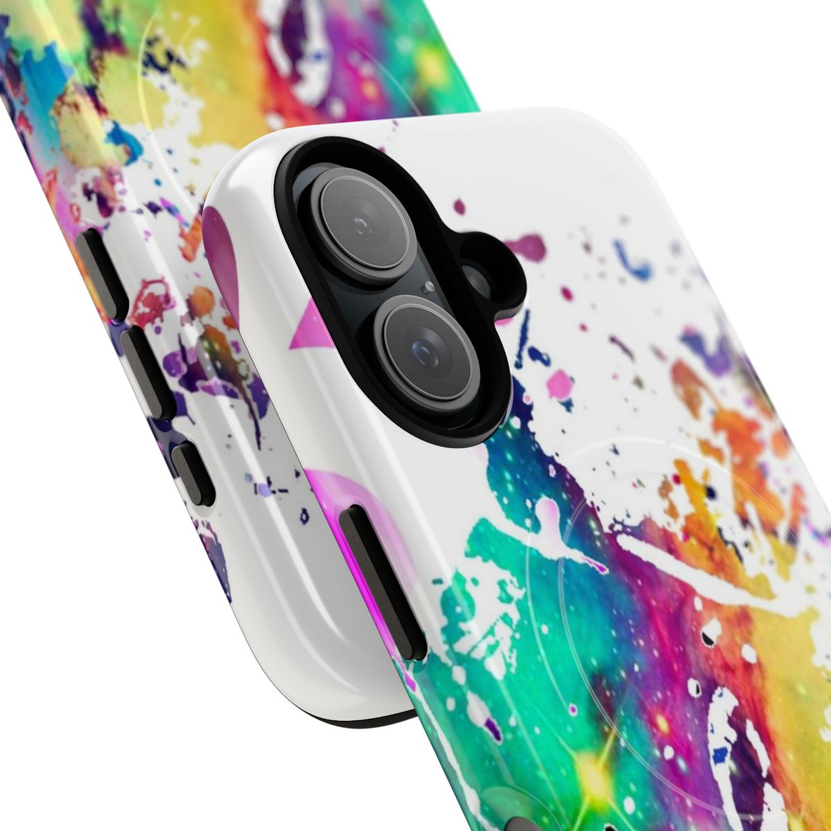 Colorful phone case with musical notes, clefs, and a starry galaxy design - Detail