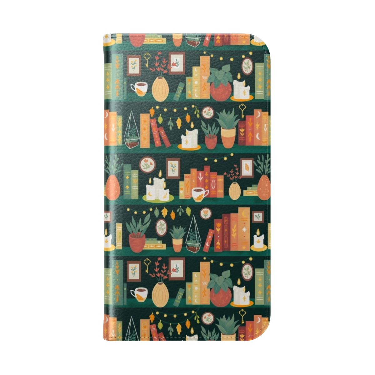 Cozy flip phone case with a nature-inspired book lover design - Folded Back