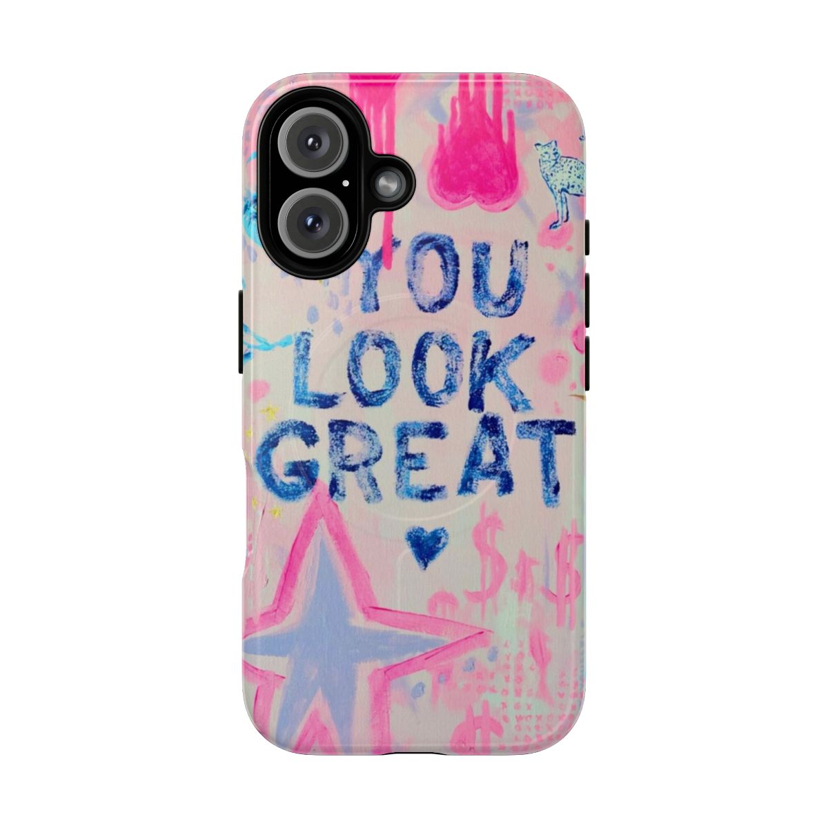 A pink phone case featuring a collage design with hearts and the text "You Look Great"