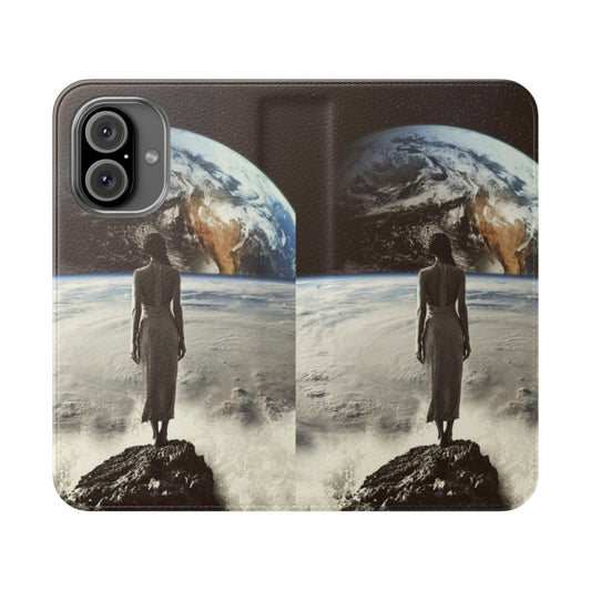 Abstract, collage-style phone case with surreal, cosmic imagery