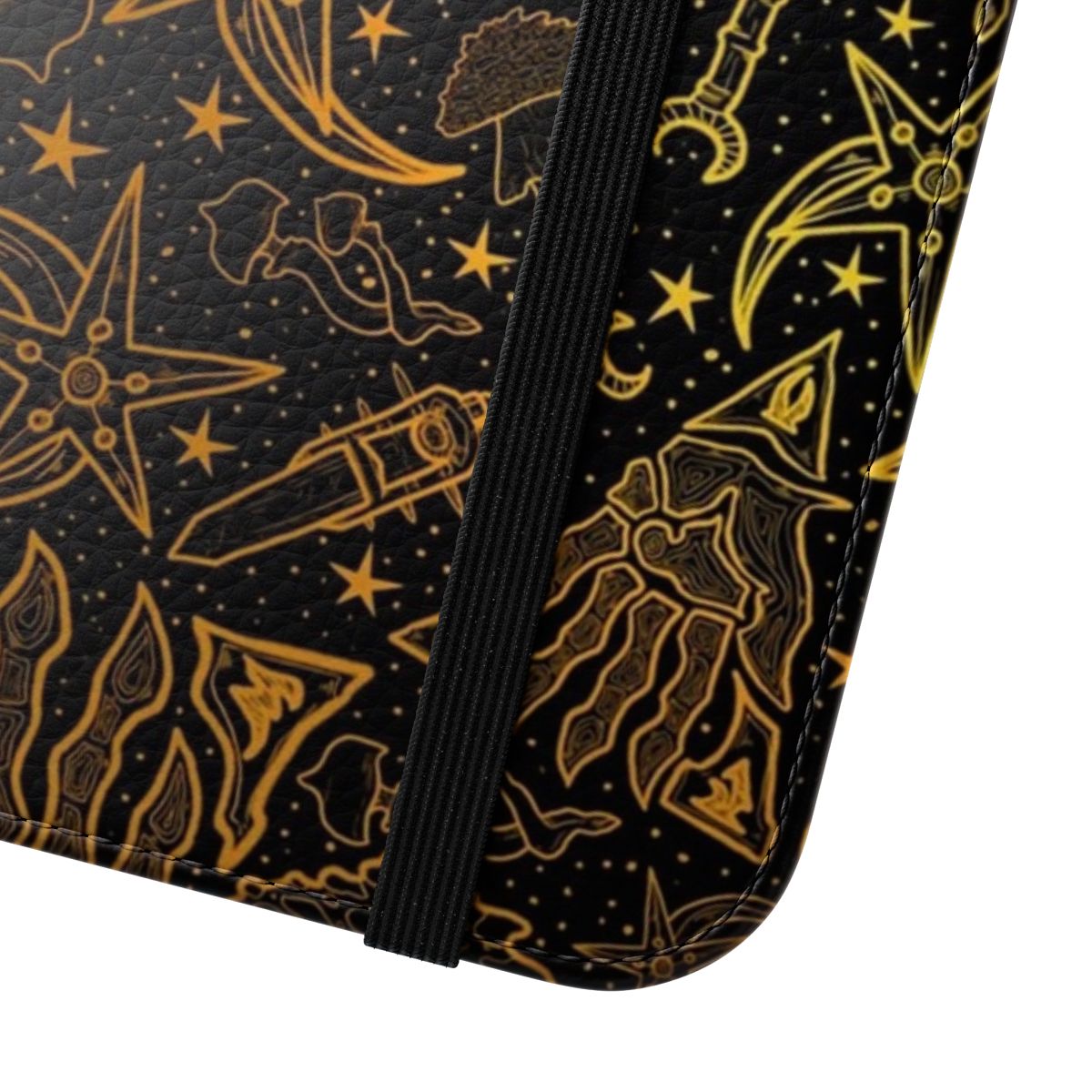 Dunmer-inspired fantasy RPG phone case with Morrowind-themed gold pattern design - Close Up