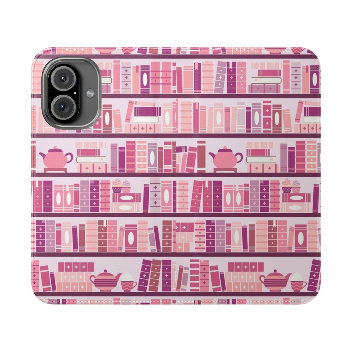 A pink and purple phone case with a cozy bookcase pattern, perfect for book lovers.