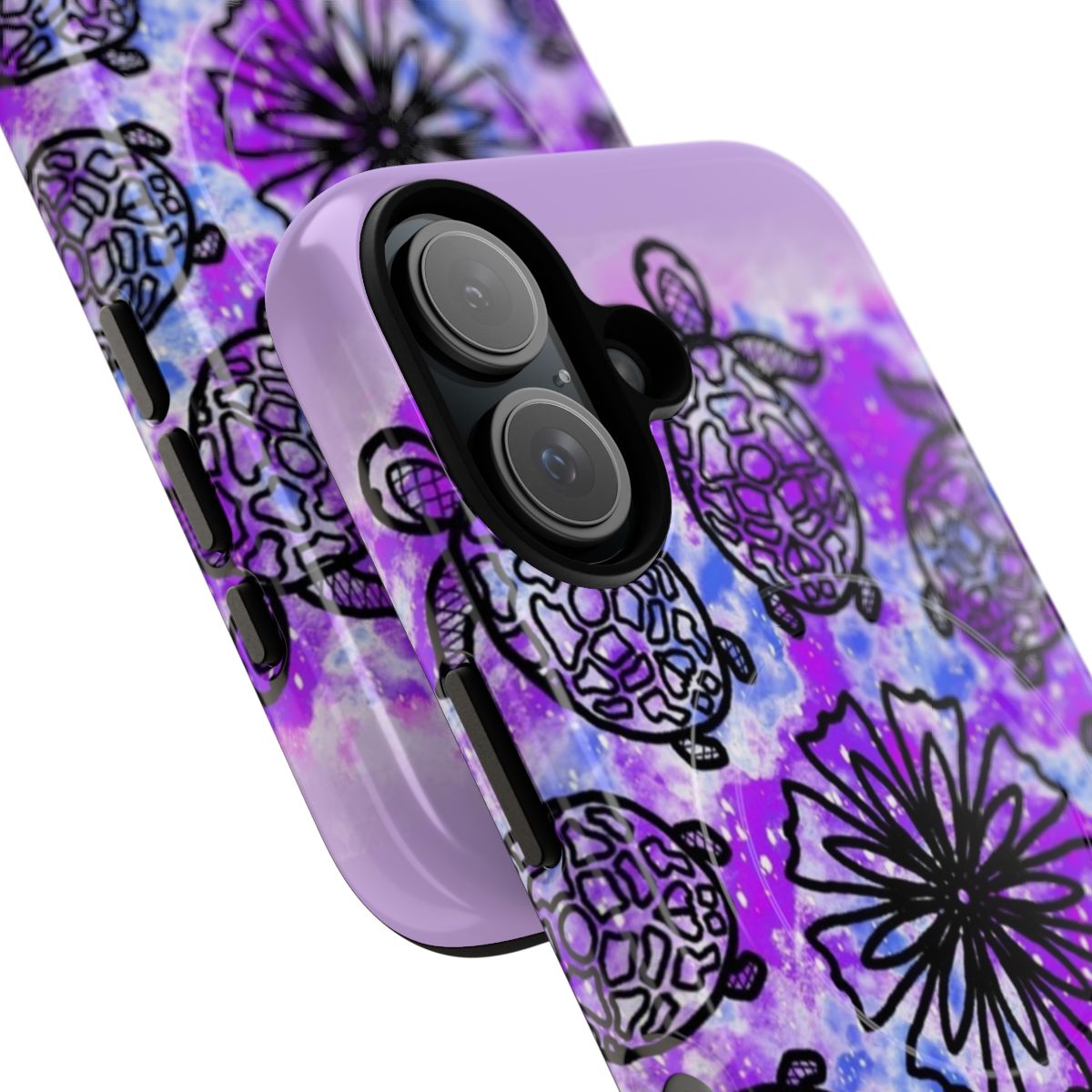 Vivid purple and blue sea turtle mandala design on a protective magnetic phone case - Detail