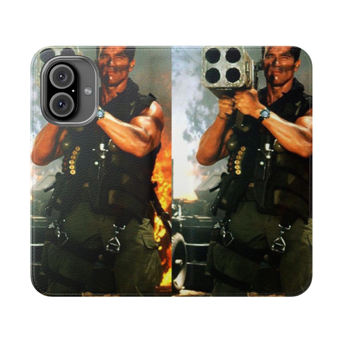 A phone case featuring a rocket launcher design inspired by Arnold Schwarzenegger's iconic role in Commando.