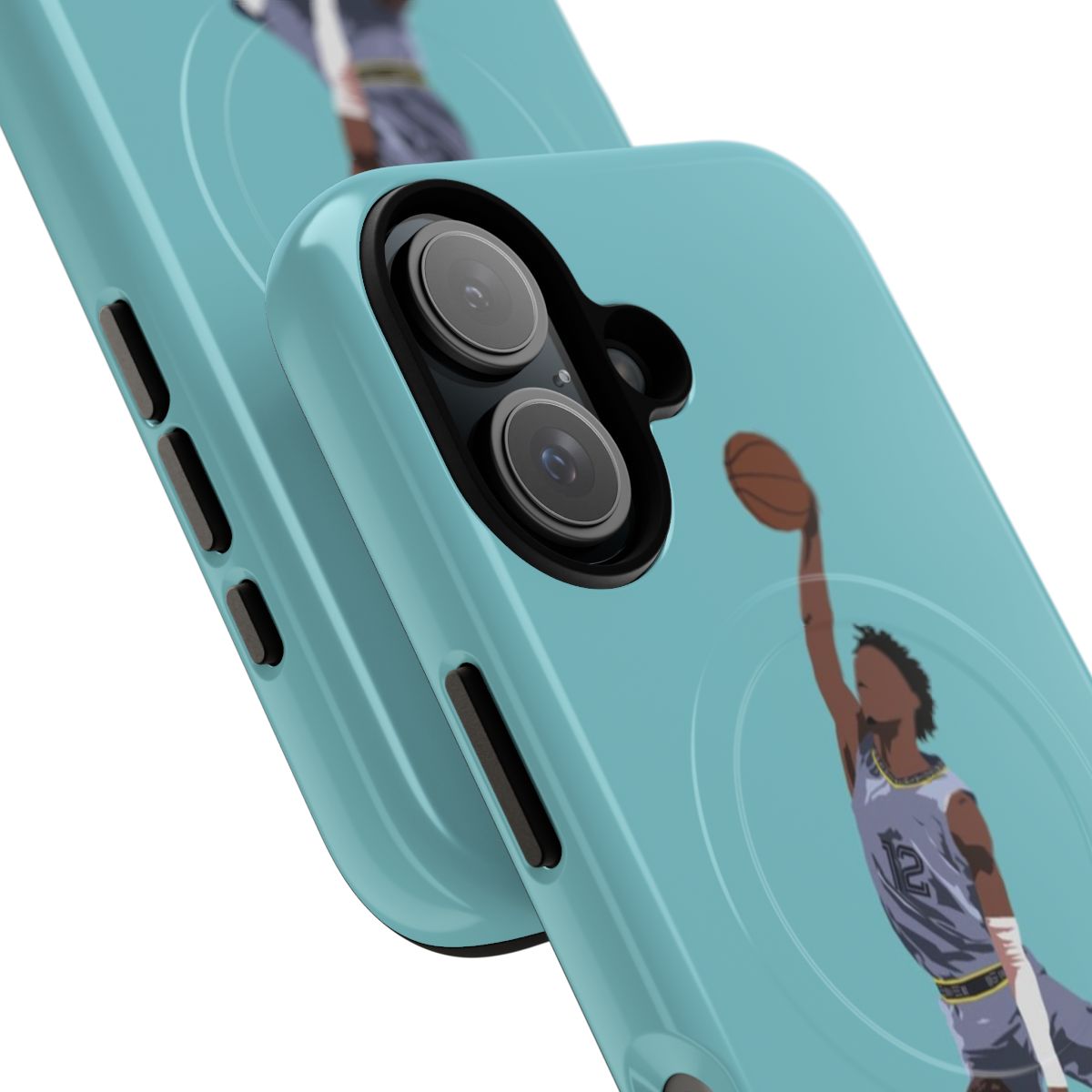 Phone case featuring a low-poly design of Ja Morant from the Memphis Grizzlies attempting to dunk on Kevin Love of the Cleveland Cavaliers. - Detail