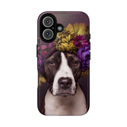 Colorful flower crown adorned pitbull on a magnetic tough phone case