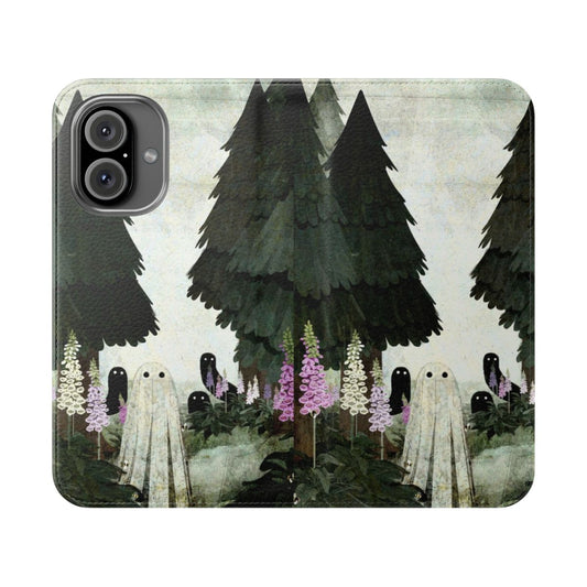 Flip cover phone case featuring a spooky, ghostly forest scene with foxgloves and bees