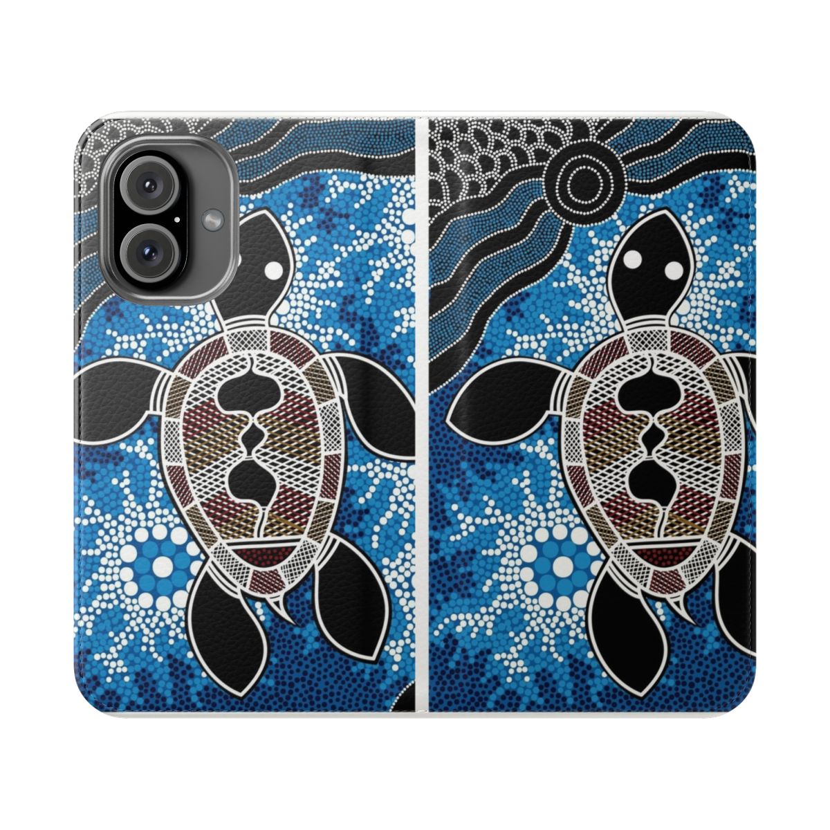 Colorful phone case featuring a vibrant sea turtle design in the style of traditional Aboriginal art.