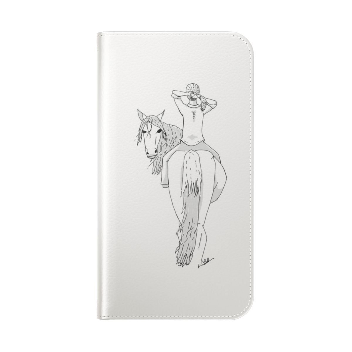 A black and white line drawing phone case with a pony or horse and a ponytail design. - Folded Back