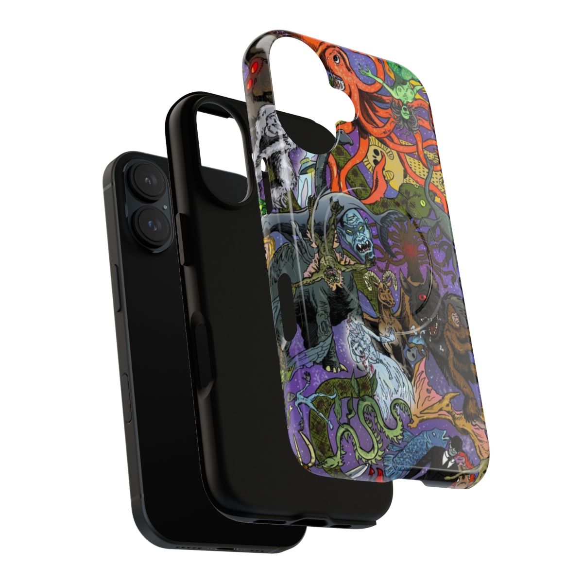 A unique and eye-catching magnetic phone case featuring illustrations of cryptid creatures and mysterious monsters. - Layers