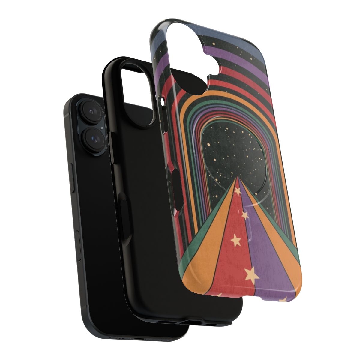 Retro psychedelic phone case featuring The Doors "Break On Through to the Other Side" artwork with cosmic rainbow and stars design. - Layers