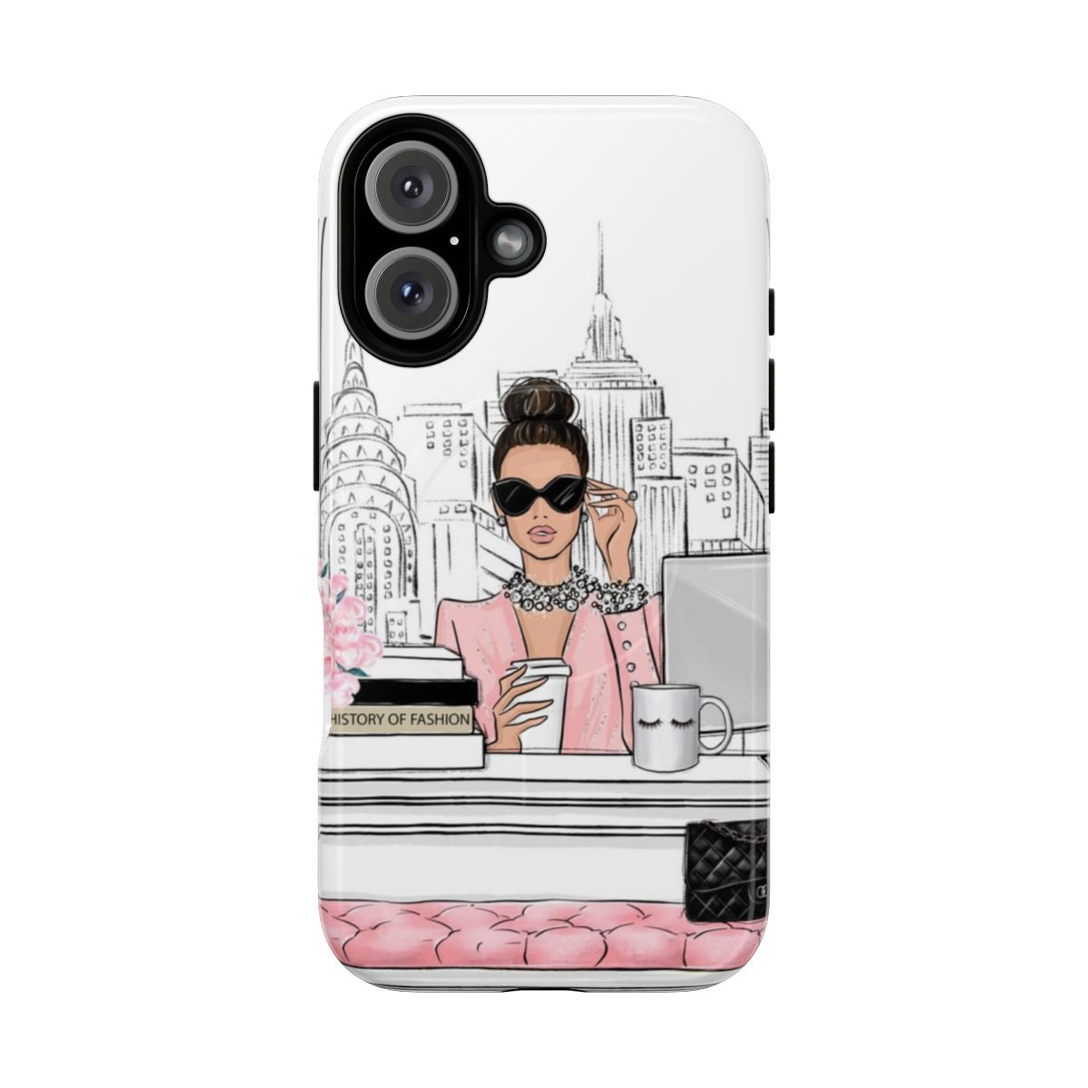 Magnetic tough phone case featuring a fashion illustration of a girl boss in a New York office