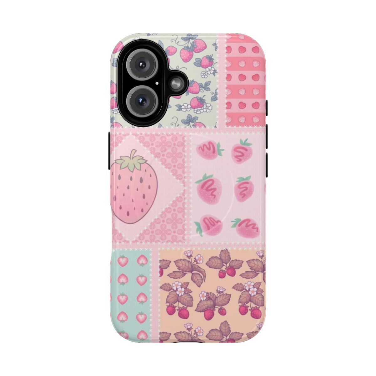 Colorful strawberry patchwork design on a durable phone case