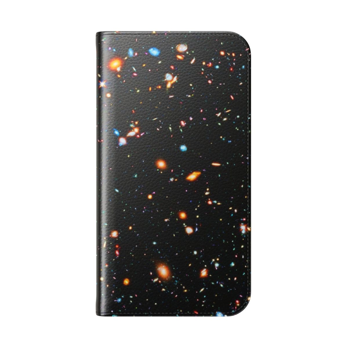 A flip phone case featuring the Hubble Extreme Deep Field image, showcasing the vast expanse of the universe and its countless galaxies. - Folded Back