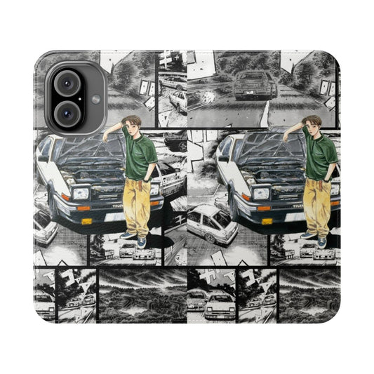 Flip cover phone case featuring a manga-inspired wall design with a racing car theme.