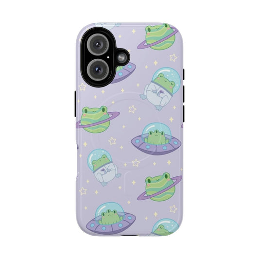 Colorful cartoon frog design with planets, stars, and space elements on a magnetic tough phone case