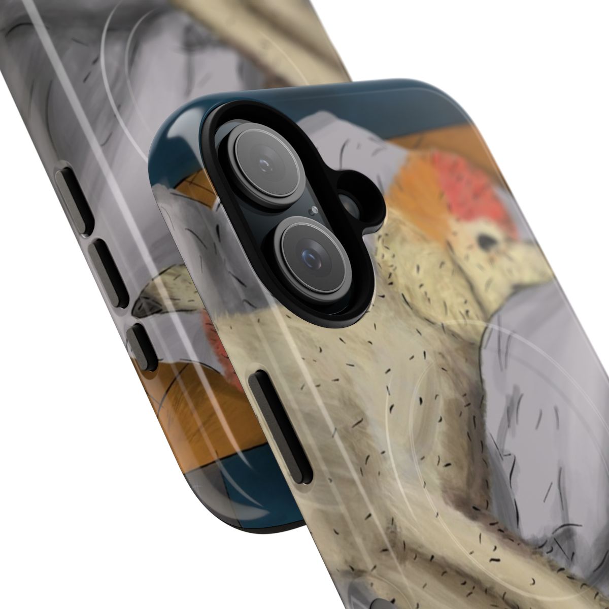 Magnetic tough phone case with image of the Egyptian deity Horus sleeping on a bed with a toy. - Detail