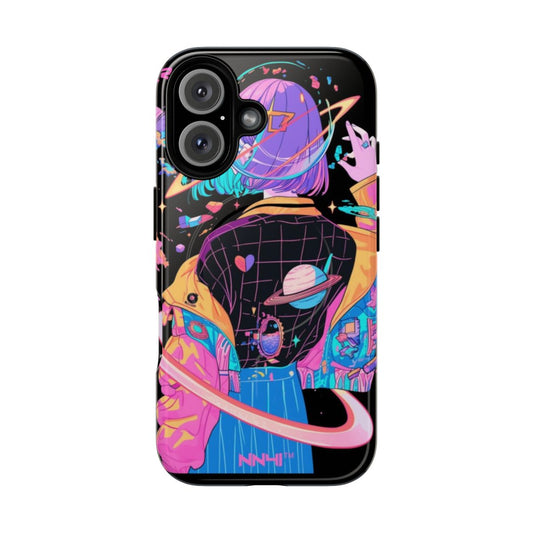 Futuristic and colorful phone case with planets, anime, and y2k aesthetic design