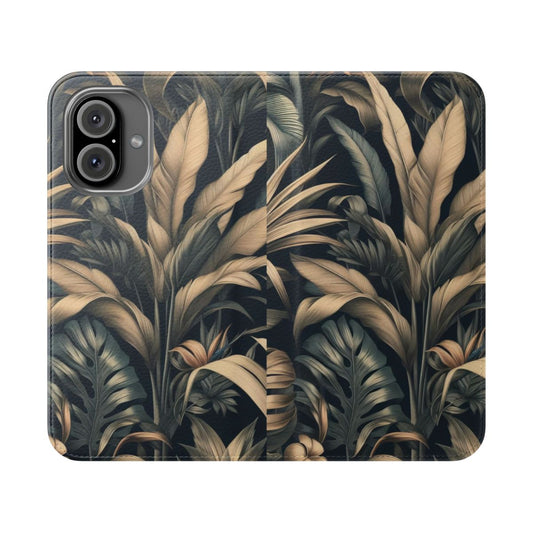 Tropical leaves phone case with muted green, palm, and monstera leaves in a vintage botanical design.