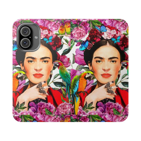 Vibrant phone case with Frida Kahlo-style flowers, birds, and butterflies