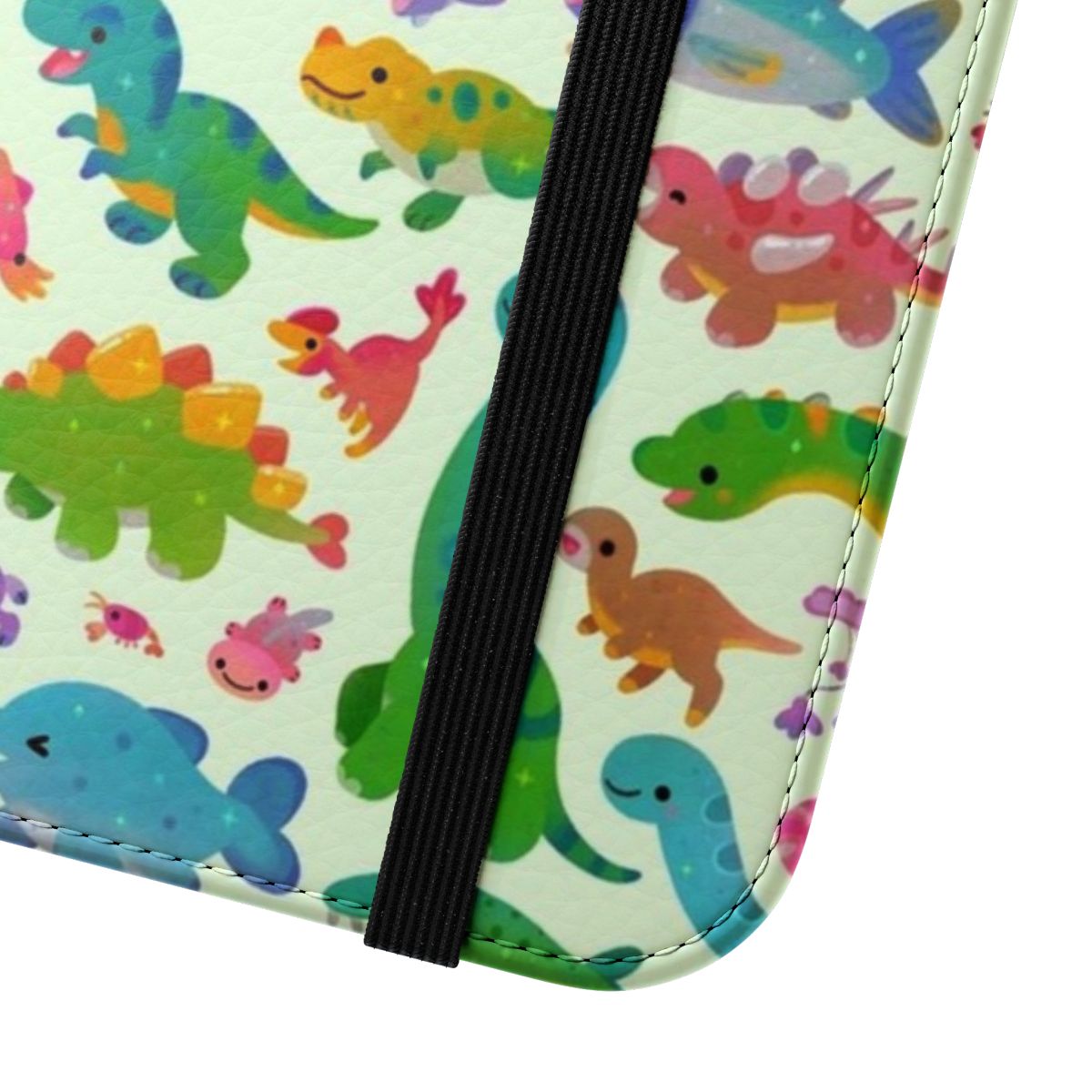 Pastel-colored dinosaur-themed flip cover phone case - Close Up