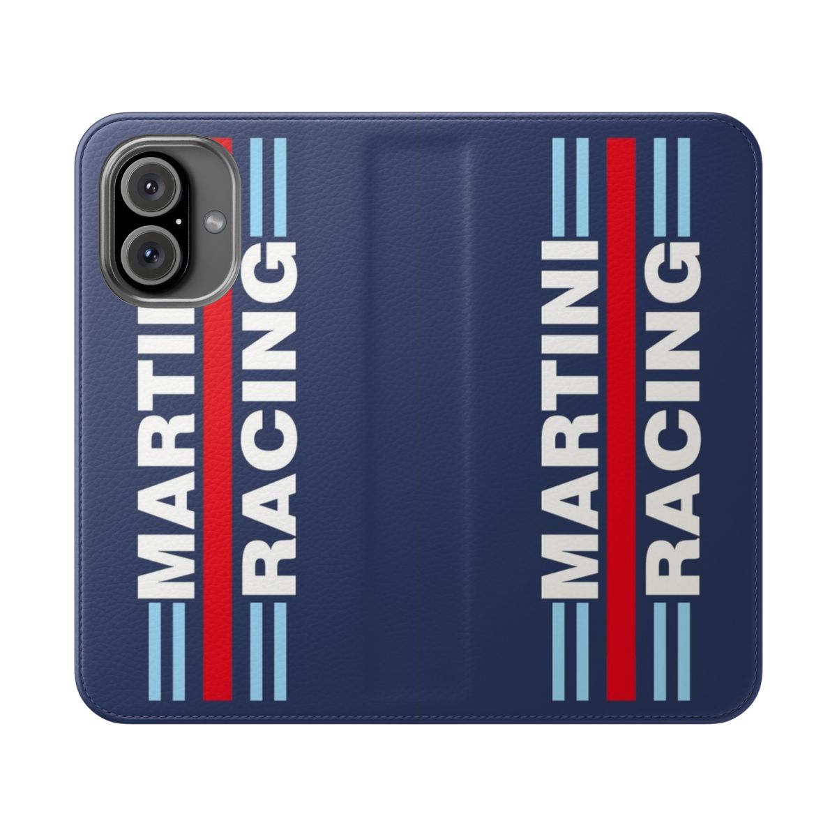 Vintage racing-inspired flip phone case with Martini Racing-style design