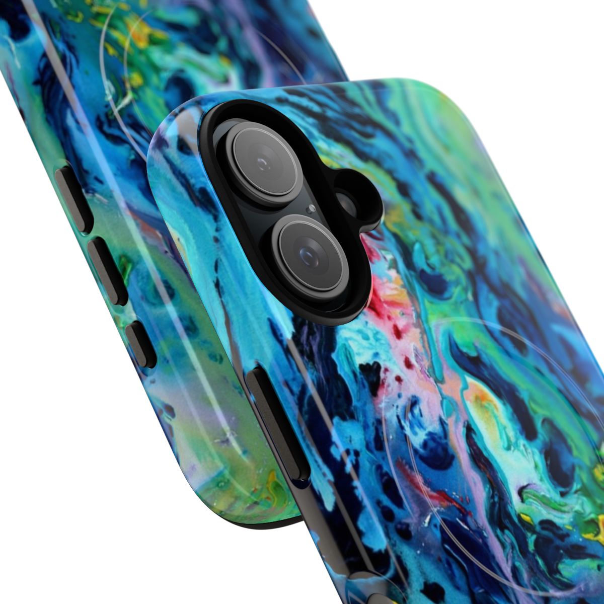 Dynamic abstract blue phone case with a fluid, chaotic pattern - Detail