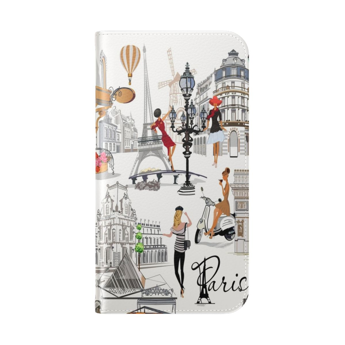 Parisian-Inspired Flip Cover Phone Case featuring the Eiffel Tower, flowers, and chic fashion elements. - Folded Back