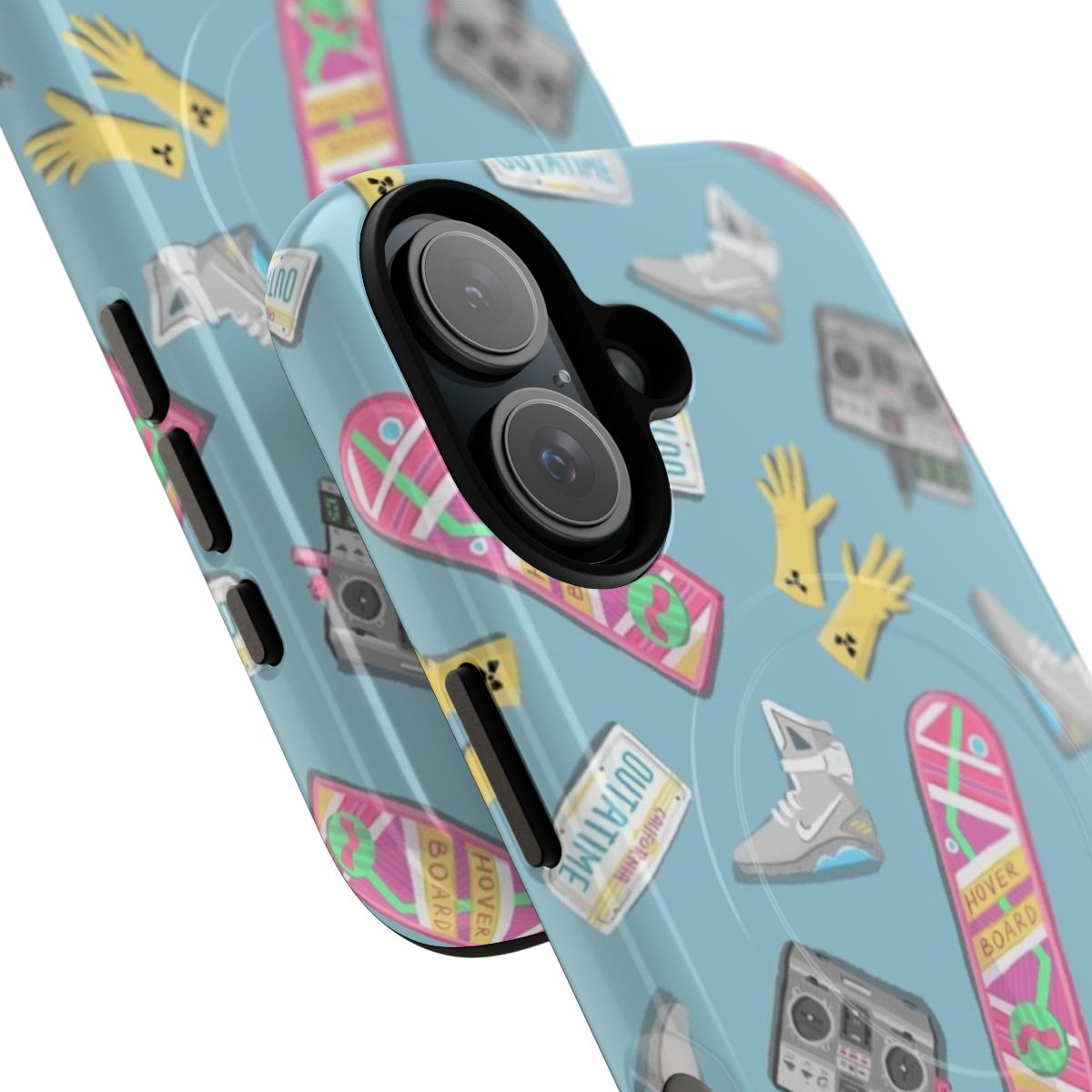 A magnetic phone case with a doodle-style Back to the Future inspired design in pastel colors. - Detail