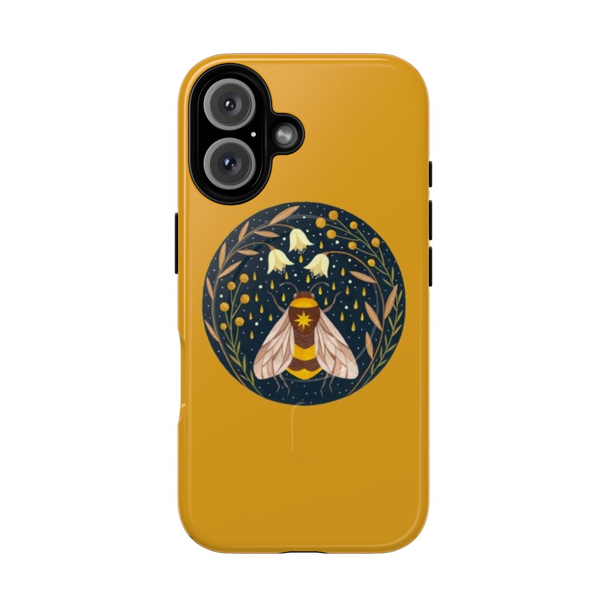 A magnetic phone case with a bee and floral design, offering protection and style for your device.