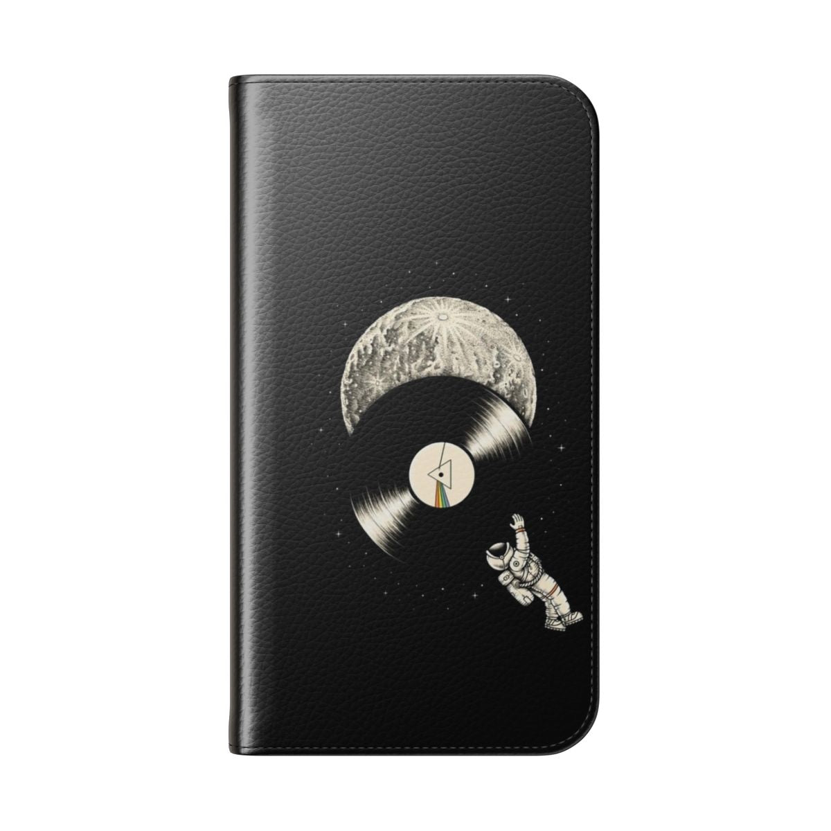 Flip cover phone case with a space, moon, and stars design - Folded Back