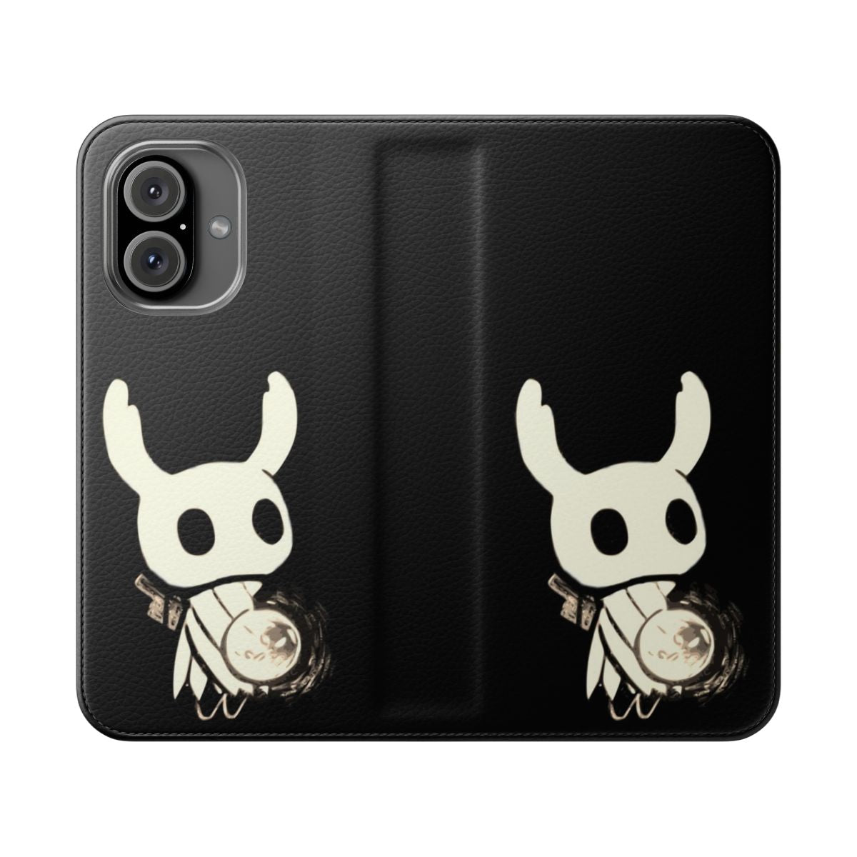 Black and white illustration of the Knight character from the indie game Hollow Knight on a smartphone flip cover case